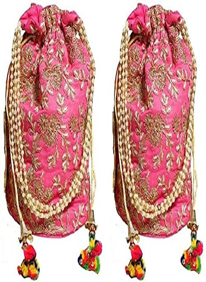 FliHaut® Beautiful Ethnic Potli Bag with Beadwork for Women, Girls, Weddings, Return Gift, Parties (Pack of 2)- Pink - Image 1